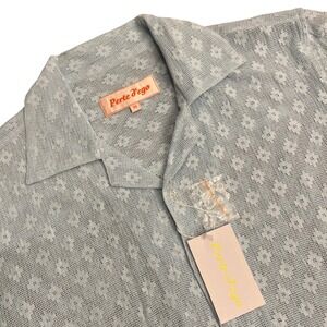 Perte d'ego Men's Crochet Button Down Shirt Medium Blue Short Sleeve Camp Collar